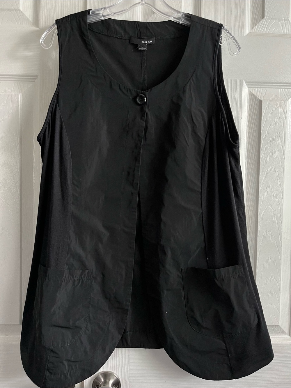 Sun Kim Lagenlook Button Drapey Vest Black Oversized Pockets Size L Made In USA
